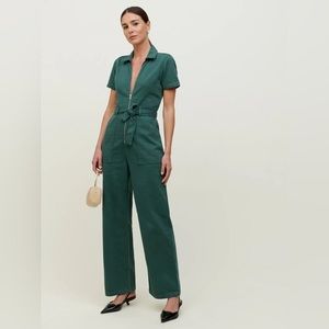 Reformation Cassidy Denim Short Sleeve Jumpsuit in Green